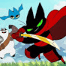 a black cat with green eyes is holding a sword and a cape .