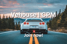 a white sports car is driving down a road with the words vehouse cpm join now on the bottom