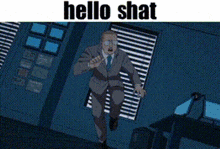 a man in a suit and tie is running in a room with the words hello shat written above him