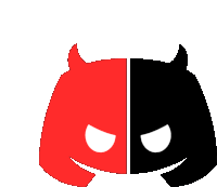 a red and black devil icon with horns