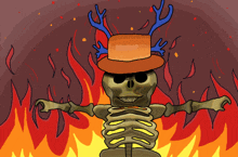 a cartoon drawing of a skeleton wearing a top hat with antlers