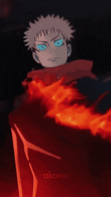 a cartoon character with blue eyes is surrounded by red flames and the word akamv is on the bottom right