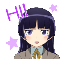 a sticker of a girl with black hair and purple eyes that says hi