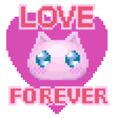 a pixel art drawing of a cat with the words love forever