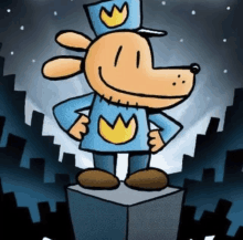 a cartoon dog with a crown on his hat is standing on a cube