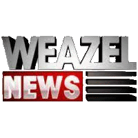 the logo for weazel news is a silver and red logo with a red border .