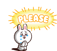 a cartoon rabbit is kneeling down in front of a sign that says please