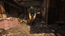 a video game screen shows a yellow and white robot with a green light behind it