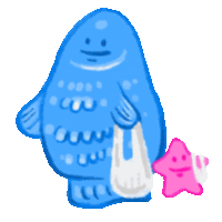 a blue monster is holding a white bag and a pink starfish