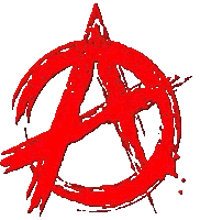 a red anarchy symbol with a spear in the middle