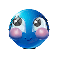 a blue smiley face with big eyes and a pink bubble on its cheeks