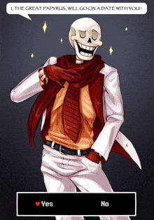 a drawing of papyrus in a suit and scarf with a yes and no button