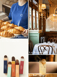 a collage of images including a woman holding croissants and a drink with the words le bar at the bottom