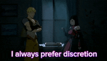 a man and a woman standing next to each other with the words " i always prefer discretion "