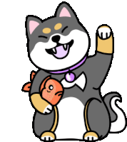 a cartoon shiba inu dog holding a fish in its paw