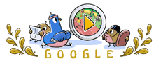 a google logo with a bird holding a magnifying glass and a squirrel