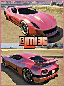 a pink sports car with a license plate that says lm3c on it