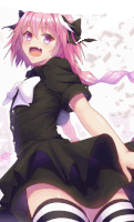 a girl with pink hair and black and white striped thigh highs