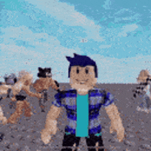 a group of roblox characters are standing on a beach and one of them is smiling .