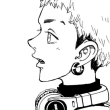 a black and white drawing of a young man wearing headphones and earrings .