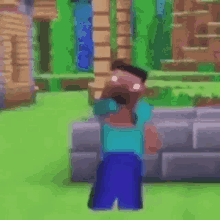 a minecraft character is standing in the grass with his mouth open and a brick wall in the background .