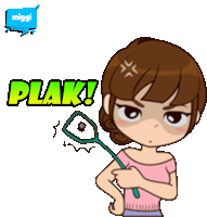 a cartoon of a girl holding a mosquito swatter with the word plak written above her