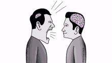 two men with brains on their heads are talking to each other