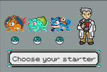 a choose your starter screen shows a cartoon character