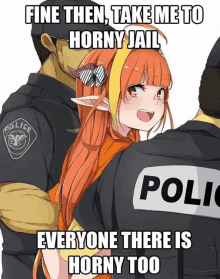 a police officer is holding a girl who is screaming and says fine then take me to horny jail everyone there is horny too