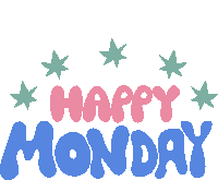 Happy Monday Green Stars Above Happy Monday In Pink And Blue Bubble Letters Sticker