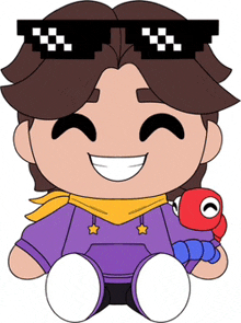 a cartoon character is wearing sunglasses and holding a toy .