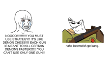 a cartoon of a man crying next to a picture of a man holding a gun