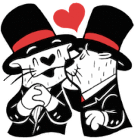 a couple of cats wearing top hats kissing with a heart in the background