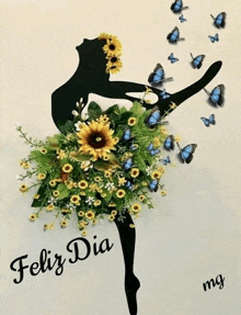 a silhouette of a ballerina with flowers and butterflies says feliz dia mg