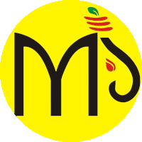 a yellow circle with a black letter m and an apple on it