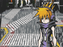 a cartoon character stands in front of a crowded crosswalk with a sign that says ' tokyo ' on it