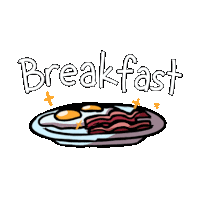 a cartoon drawing of eggs and bacon with the word breakfast below it