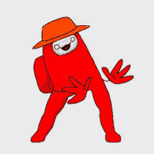 a red among us character wearing an orange hat .