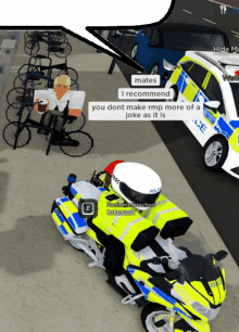 a screenshot of a video game shows a police officer talking to another person