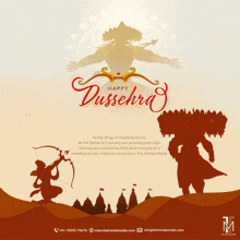 a poster for happy dussehra with a silhouette of a man holding a bow and arrow