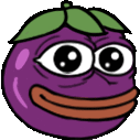 a cartoon drawing of a purple eggplant with a green leaf on it .