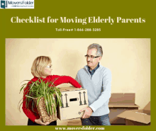 a checklist for moving elderly parents is displayed on a green background