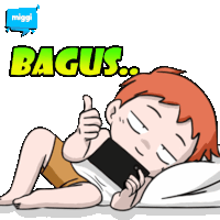 a cartoon of a boy laying on a bed giving a thumbs up with the word bagus below him