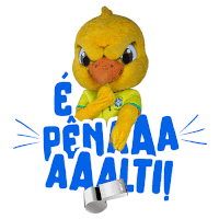 a yellow duck mascot holding a whistle that says penaa aaalti