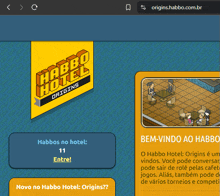 a web page for habbo hotel origins has a picture of people sitting at a table