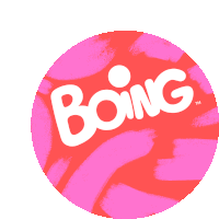 a pink and red circle with the word boing written on it