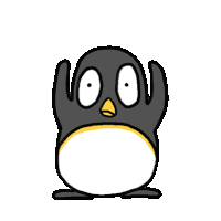 a cartoon penguin with big eyes and a yellow beak is standing on a white background .