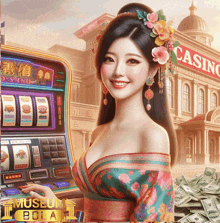 a woman playing a slot machine in front of a building that says casino