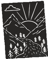 a black and white drawing of mountains and trees with the sun shining