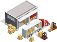 an isometric illustration of a warehouse and a truck